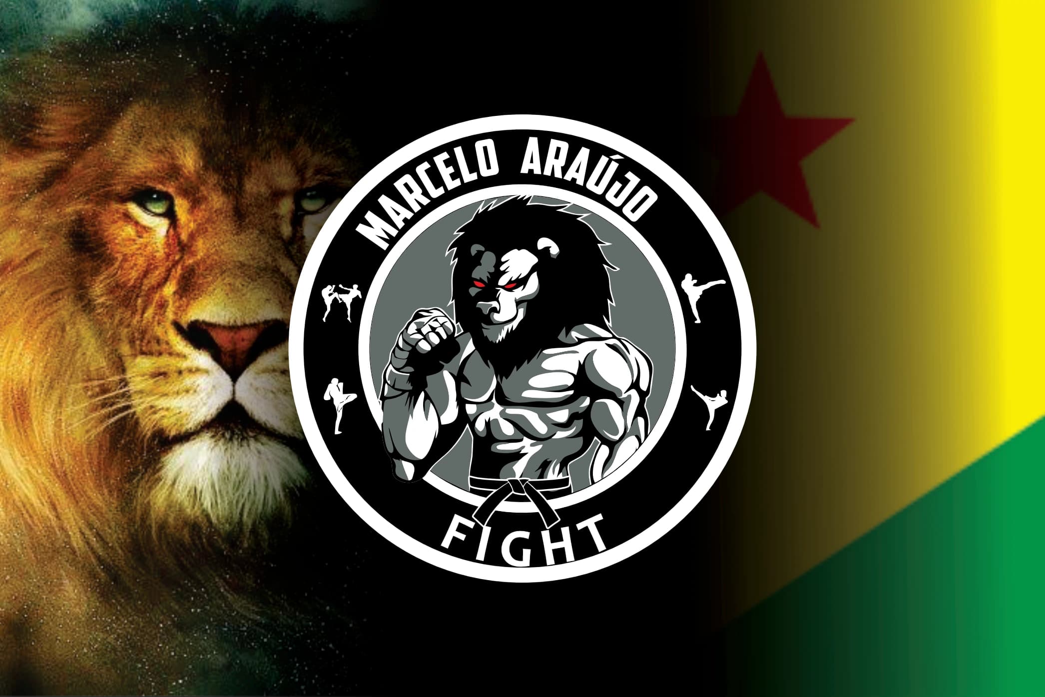 Arte com leão, logo Marcelo Araújo Fight e bandeira do Acre.